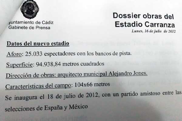 Dossier de prensa del Ayuntamiento de Cádiz de las obras del Nuevo Estadio Ramón de Carranza