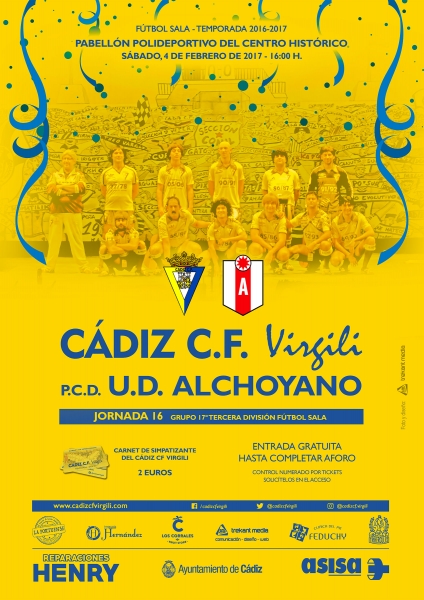 Cartel del Cádiz CF Virgili - UD Alchoyano, dedicado a la chirigota 'Los once'