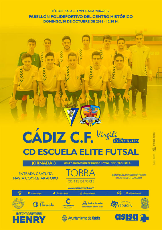 Cartel oficial del partido entre el Cádiz CF Virgili Juvenil y el CD Escuela Elite Futsal